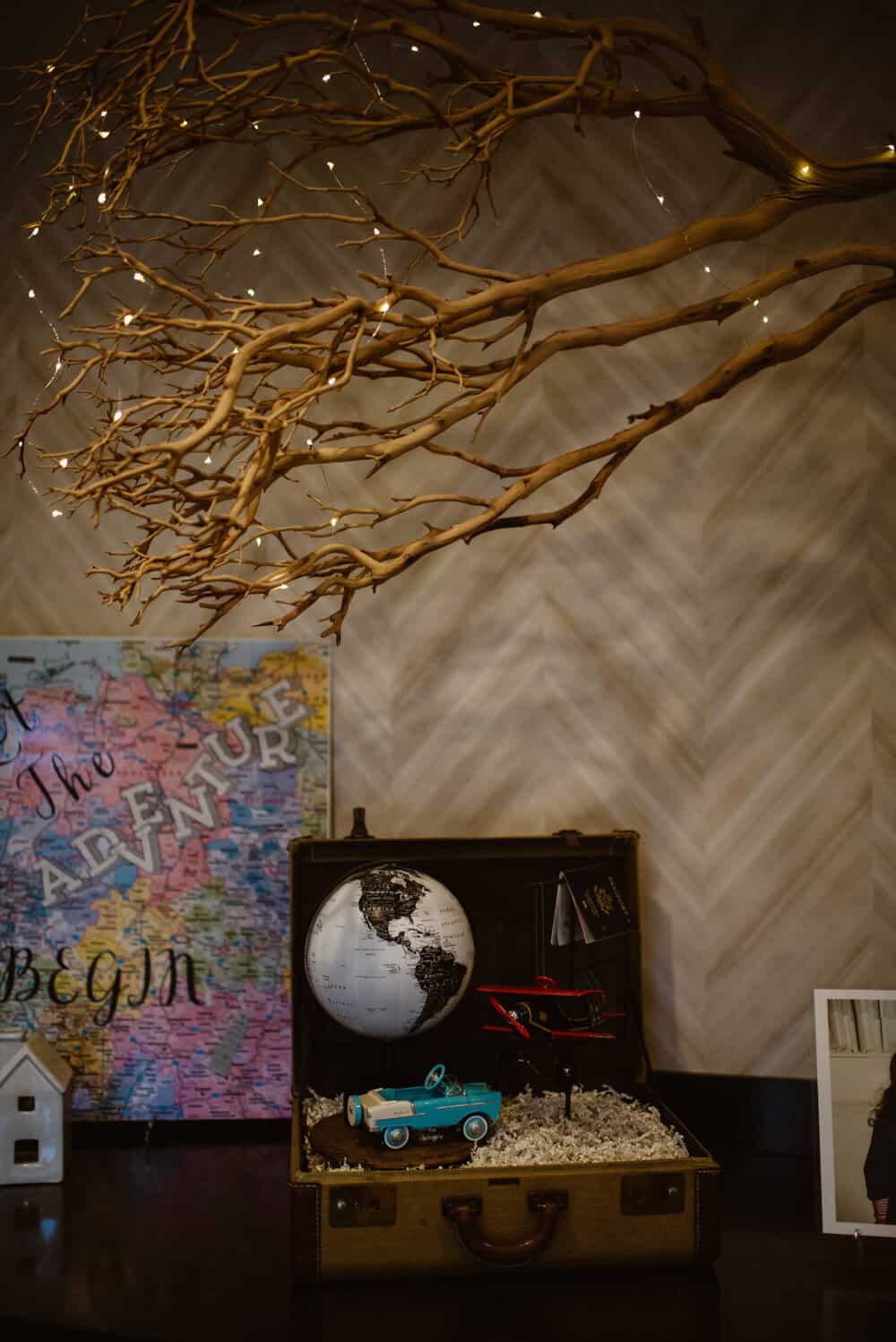 A detail image of a small globe and lights