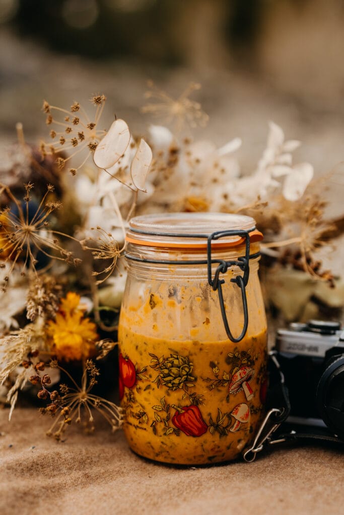 A detail photo of the couple's home made soup they ate at their picnic.