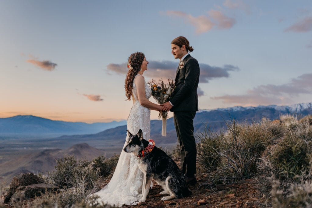 The couple looks at each other as their dog looks out at the view, with a colorful sky surrounding them.