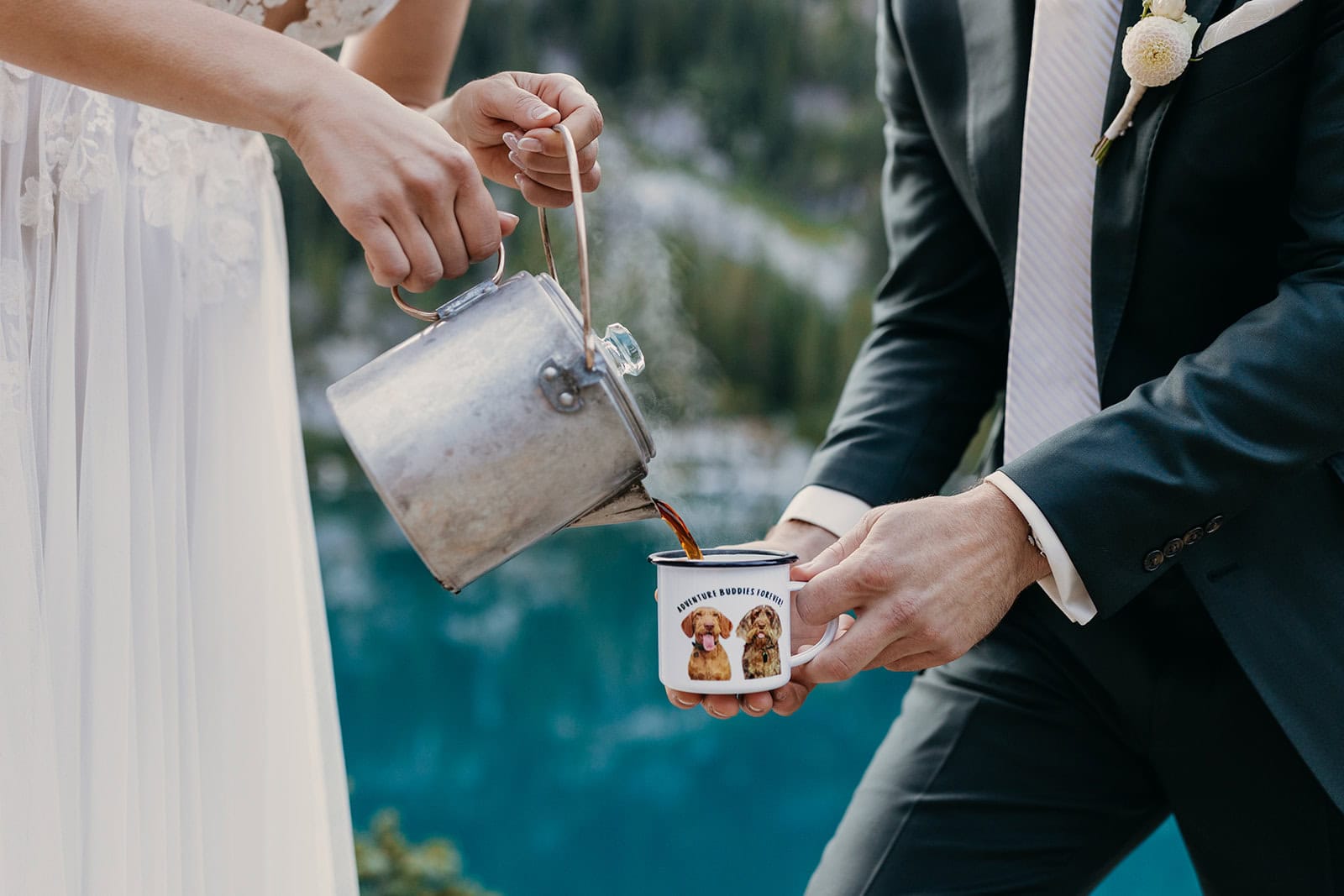 a close image of pouring coffee into a custom mug at Colchuck Lake.