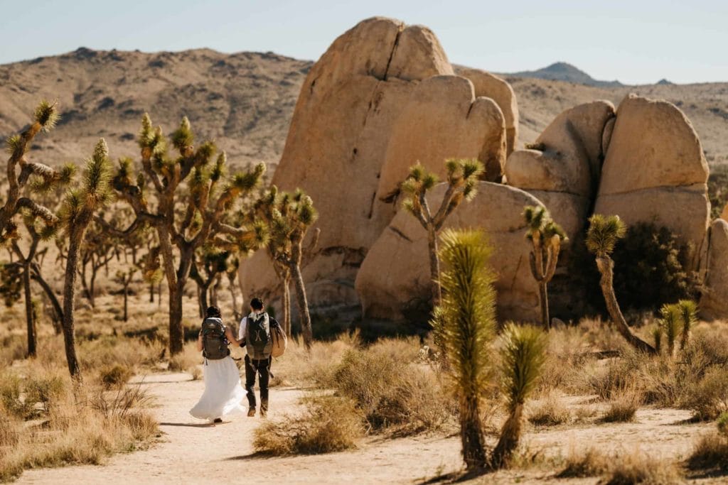 A couple walks together holding hands towards the rock they are going to climb with all of their gear on their back.