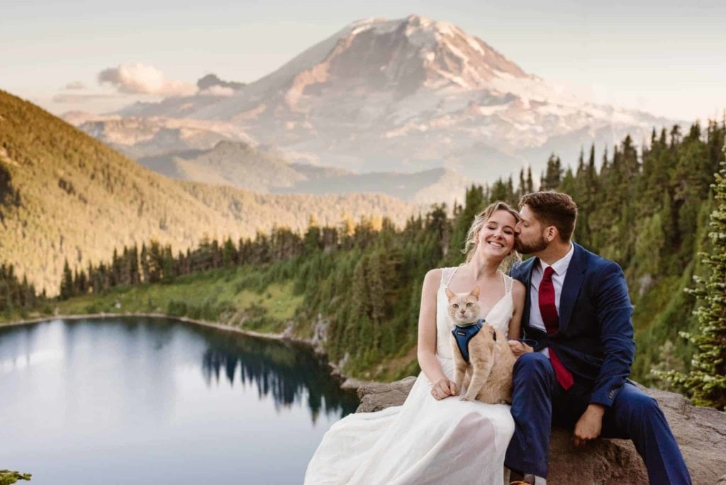 A groom kisses his bride's cheek as she holds her cat.