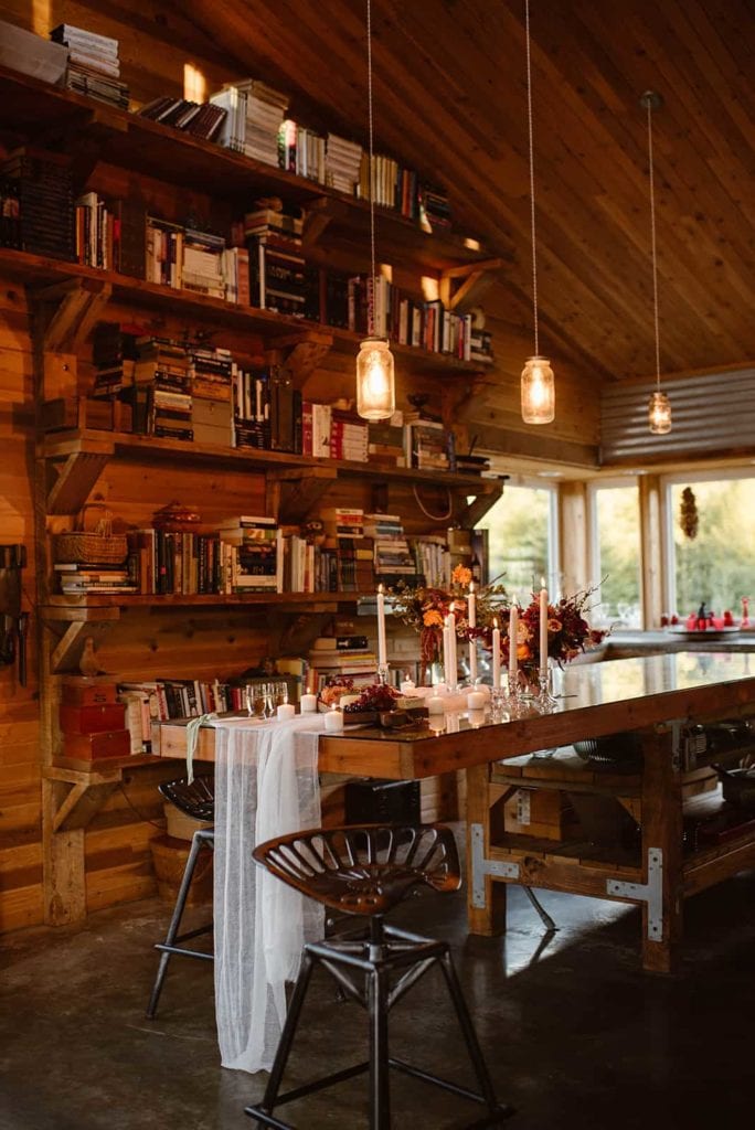 A beautiful cabin for rent in Olympic National Park with a dinner set up for an elopement. 