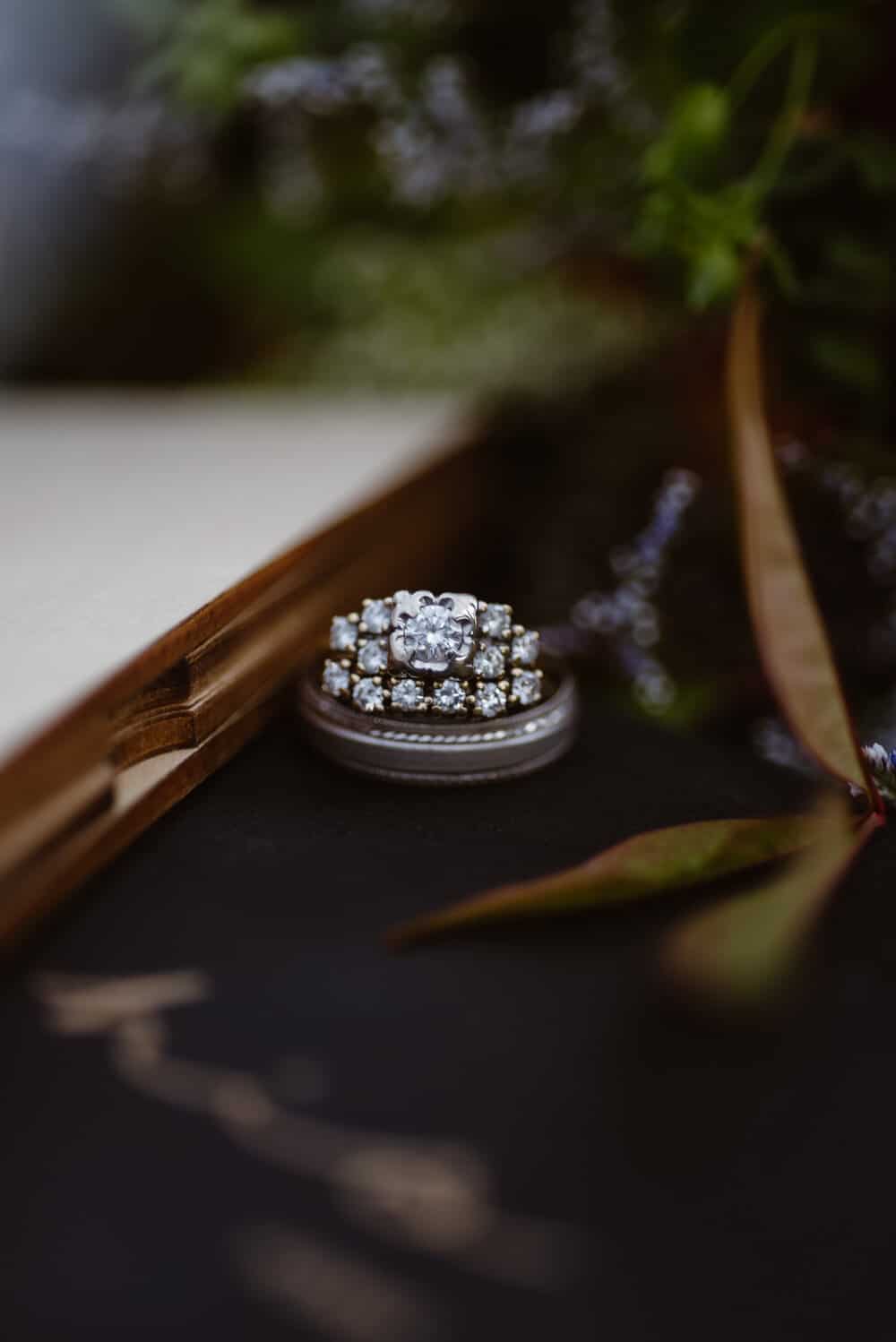 A detail photograph of a wedding ring set.