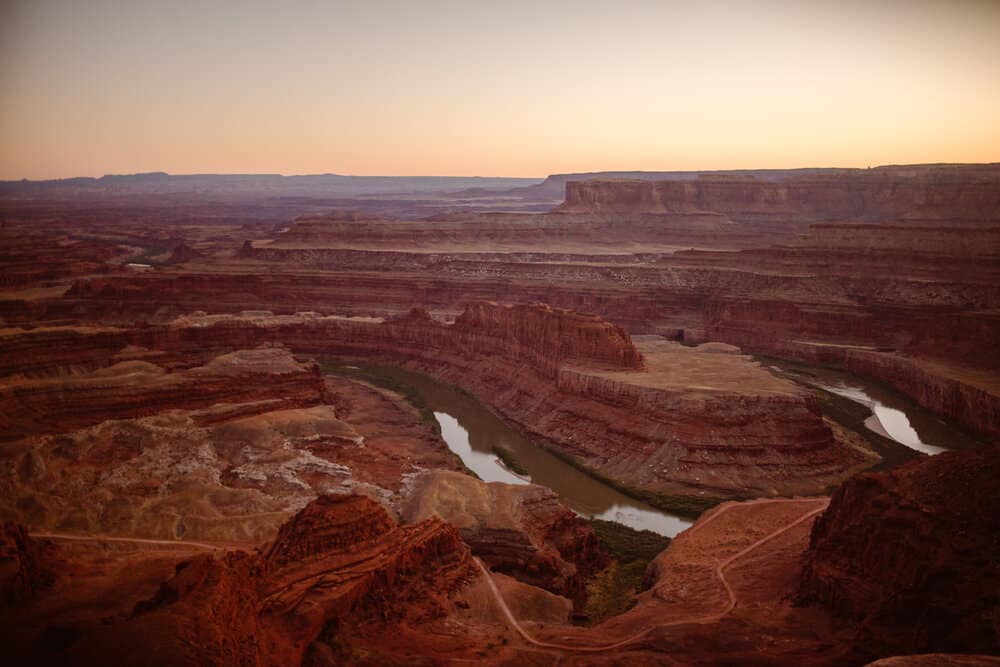 A landscape view of the river and canyons in Dead Horse State Park.